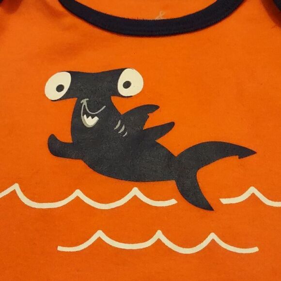 Lullaby 6-9 mo onesie with hammerhead shark, orange with navy trim snap crotch - Picture 2 of 4